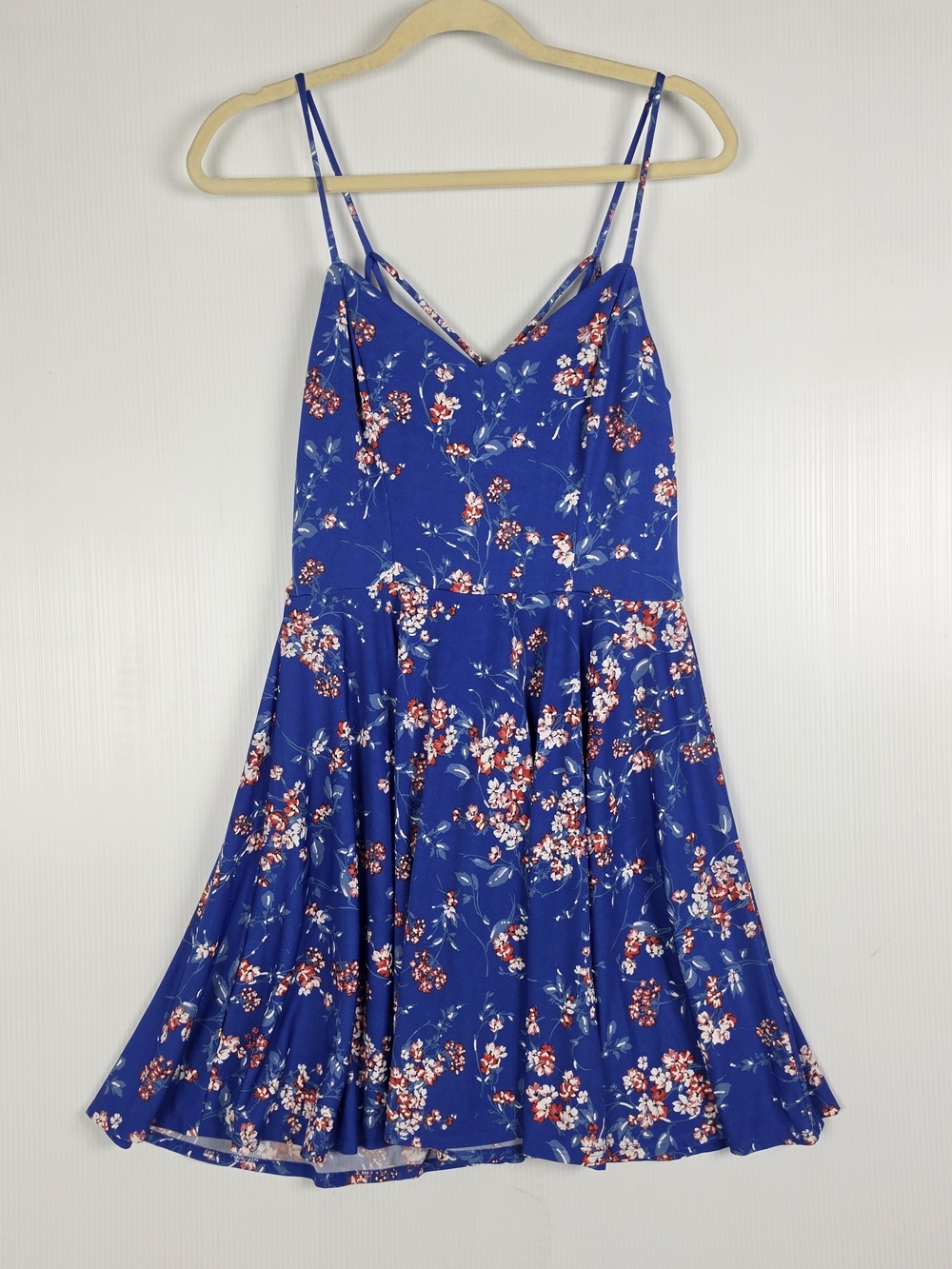 Royal Blue Floral Spaghetti-Strap Mini Dress, Crisscross Back By The General Goo
